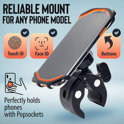 Upgraded 2025 Bicycle & Motorcycle Phone Mount - The Most Secure & Reliable Bike Phone Holder for iPhone, Samsung or Any Smartphone. Stress-Resistant & Highly Adjustable. x10 to Safeness & Comfort
