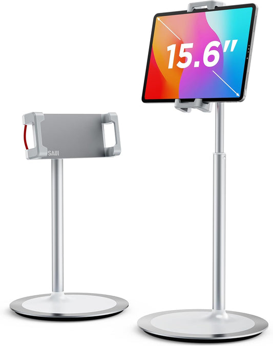 SAIJI Tablet Stand Holder, Height Adjustable Portable Monitor Stand, 360 Degree Rotating, Aluminum Alloy Cradle Mount Dock for 4.7"-15.6" Screen iPhone Samsung, iPad, Kindle, eBook Reader (Silver)