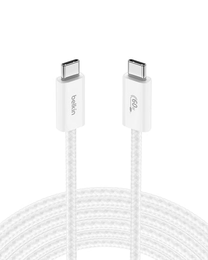 Belkin USB C to USB C Cable, 9.9ft, 60W - Type C Charger, iPhone Charger Cord, Soft, Braided, Flexible for iPhone 16, Galaxy S25, Pixel 9, Airpods, iPad Pro, Tablet & More, Travel Essentials - White