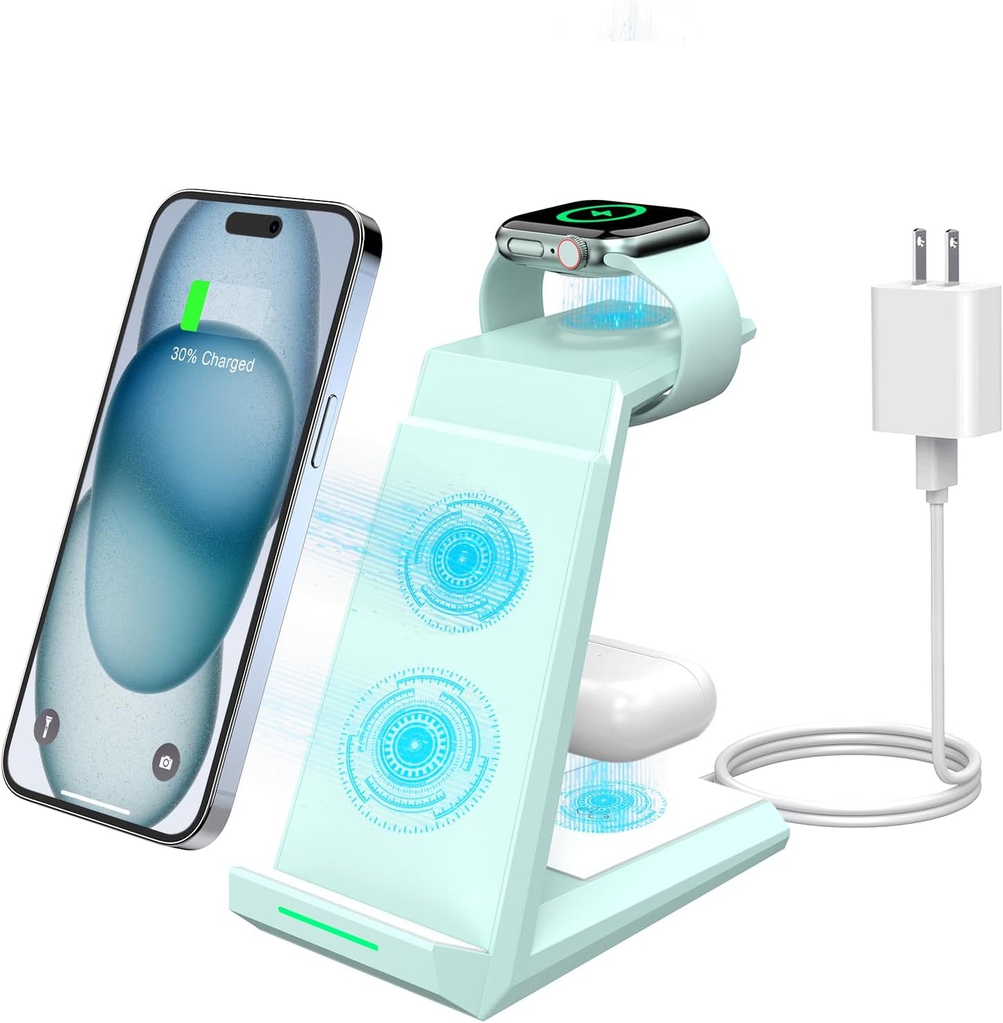 Wireless Charging Station for iPhone - ADADPU 3 in 1 Charger Stand for iPhone 16 15 14 13 12 11 Pro Max XR XS 8 Plus, Wireless Charging Dock for Apple Watch 9/8/7/SE/6/5/4/3/2, AirPods Pro/3/2 (Green)