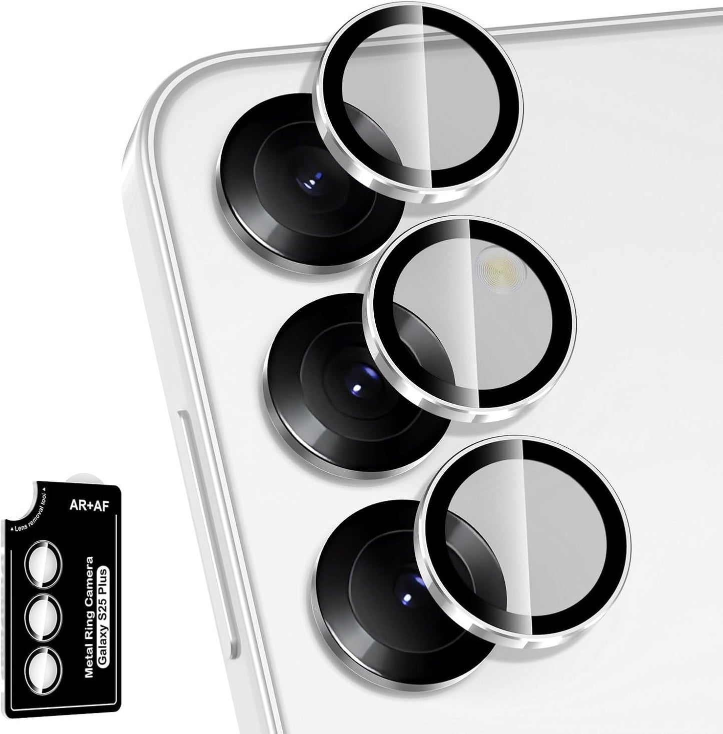 for Samsung Galaxy S25 Plus Camera Lens Protector, Individual Metal Ring Tempered Glass Lens Cover, [Strong Adsorption] Scratch Resistant Ultra-Thin HD Clear Lens Cover, 1 Set-Slivery Ring