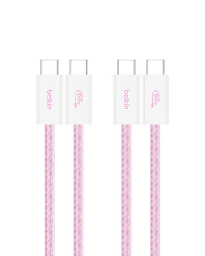 Belkin USB C to USB C Cable 2-Pack, 3.3ft, 60W - Type C Charger, iPhone Charger Cord, Soft, Braided, Flexible for iPhone 16, Galaxy S25, Pixel 9, Airpods, iPad Pro & More, Travel Essentials - Pink