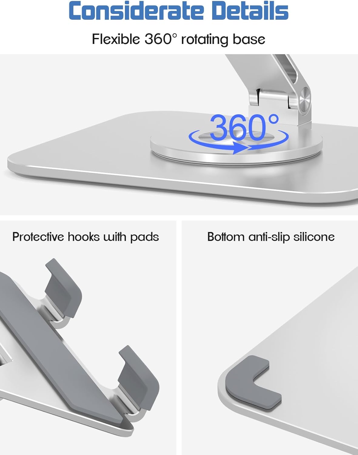 Tablet Stand Holder with 360°Rotating Base - Adjustable Aluminum Desktop Stand for iPad Holder for Desk Compatible with 4-13" Tablets, Silver