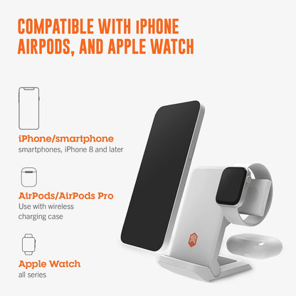 STM ChargeTree Go - 3-in-1 Portable Wireless Charging Station for iPhone, Samsung, Android (15W/7.5W), AirPods (5W), Apple Watch (3W) - Qi Certified - White.