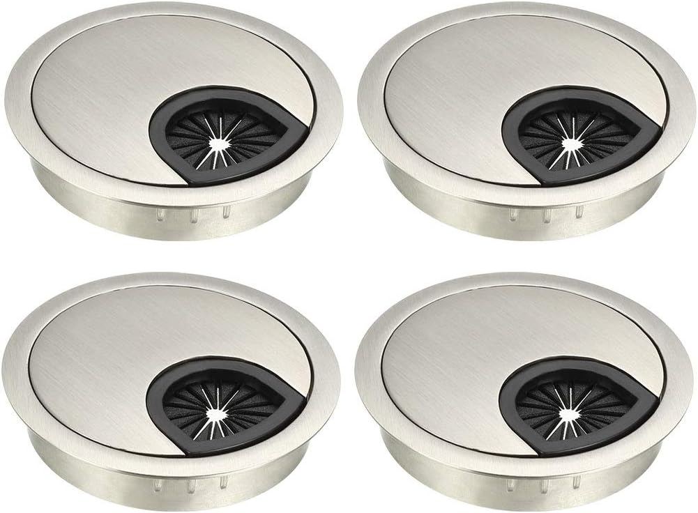 uxcell Cable Hole Cover, 2.4Inch/60mm Zinc Alloy Desk Wire Cord Cable Grommets Hole Cover for Office PC Desk Cable Cord Organizer, 4Pcs Wire Drawing Silver