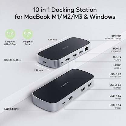 3 HDMI Triple USB C Docking Station, PULWTOP Laptop Docking Station Dual 4K Display for MacBook M1/M2/M3/Windows, Universal USB C Dock with Power Adapter, PD, 10Gbps USBC/A Data,2 USB-A 2.0, Ethernet