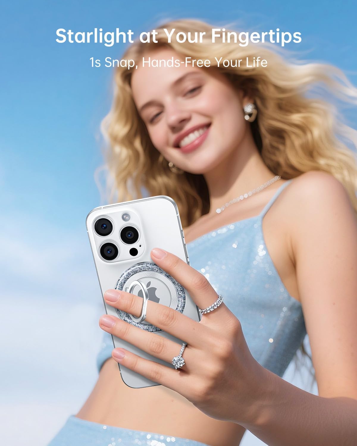 SYNCWIRE Magnetic Phone Ring Holder for MagSafe - Glitter Phone Grip Stand with 360° Rotation & Reinforced Hinge, Compatible with iPhone 16 15 14 13 Pro Max Plus MagSafe Accessories - Glitter Silver