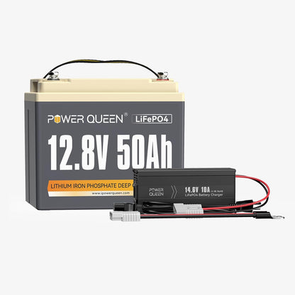 Power Queen 12V 50Ah LiFePO4 Battery with 14.6V 10A LiFePO4 Battery Charger, Built-in 50A BMS, Fast and Fully Charged, 15000+ Cycles, Perfect for Kayak Trolling Motor, RV Trailer, Solar Application