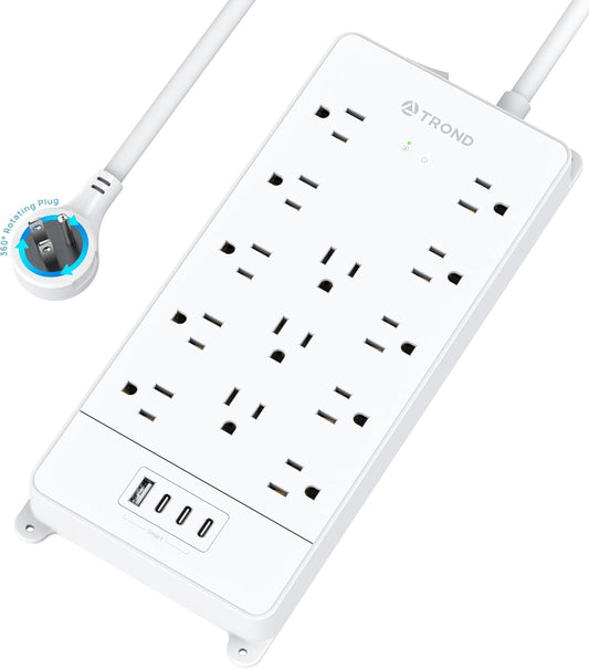 TROND 360° Rotating Flat Plug, Surge Protector Power Strip, 13AC Widely Spaced Outlets Expansion with 3 USB C Ports, 4000J, 5ft Extension Cord Heavy Duty, Wall Mount, Under Desk, ETL Listed, White