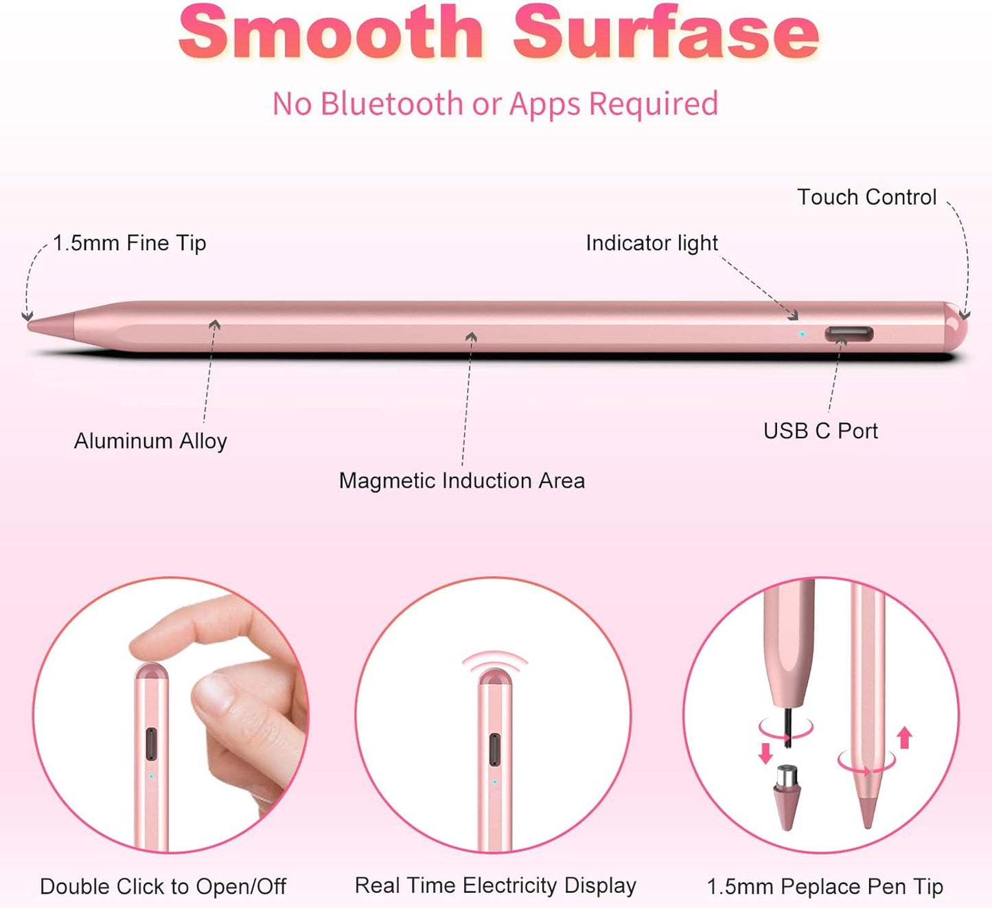 Stylus Pen for iOS&Android Touch Screens, Active Pencil for Samsung, Smart Digital Stylus Pens for Lenovo/Huawei/Vivo/Mi Tablets, iPhone/Google Pixel Smart Phones Drawing&Writing (Rose Gold)