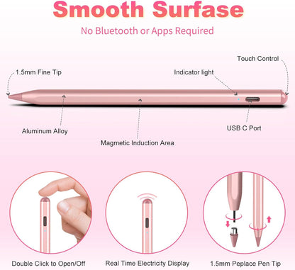 Stylus Pen for iOS&Android Touch Screens, Active Pencil for Samsung, Smart Digital Stylus Pens for Lenovo/Huawei/Vivo/Mi Tablets, iPhone/Google Pixel Smart Phones Drawing&Writing (Rose Gold)
