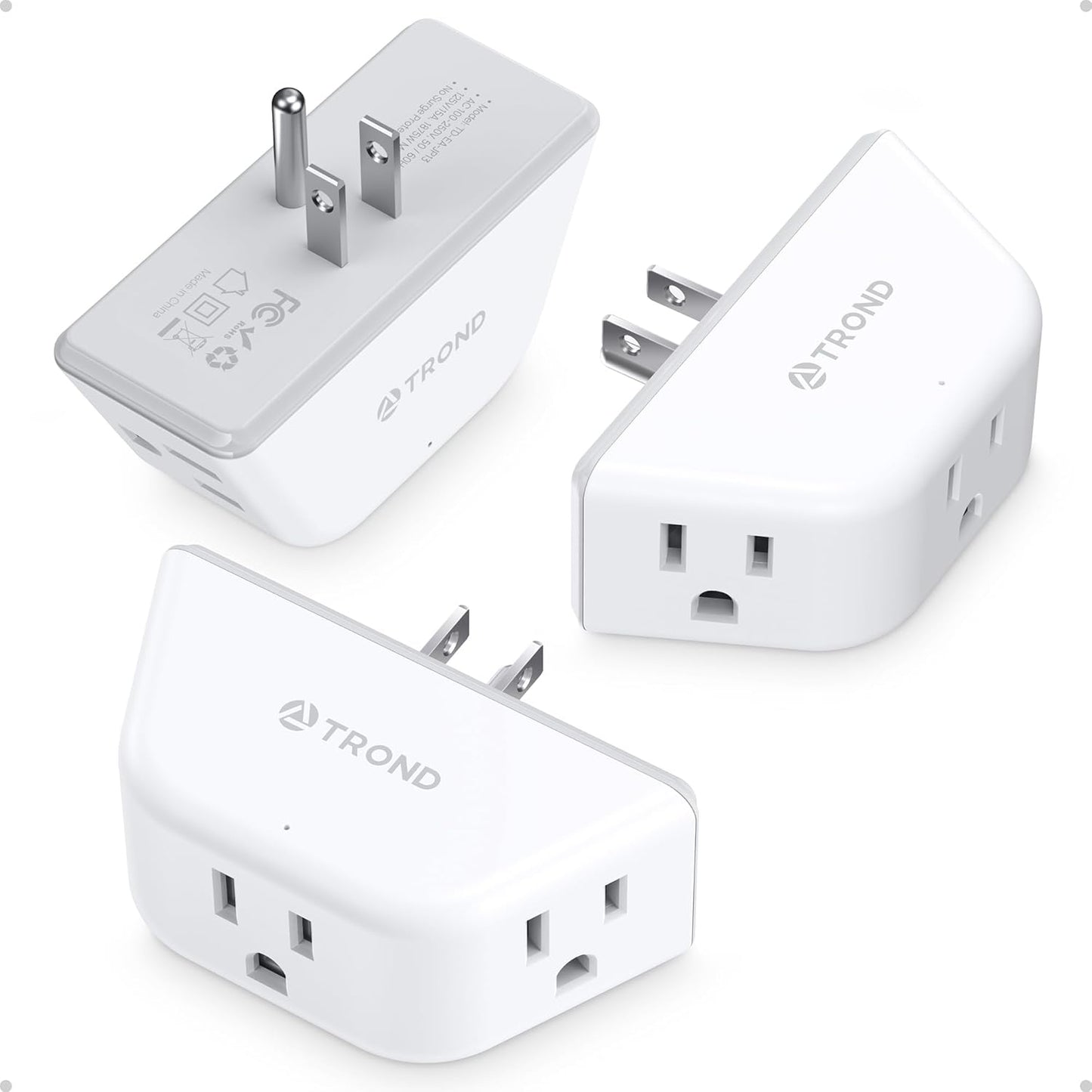 TROND Outlet Extender 3 Pack - Multi Plug Wall Outlet, 3-Prong Grounded Wall Splitter, 3 Way Angled Plug Adapter, Cruise Ship Essentials, Multiple Expander for Travel Home Office Dorm Room, White