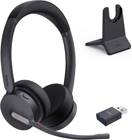 Yealink WH64 Hybrid Wireless Headset Dongle & Charging Stand, 492ft Range DECT&Bluetooth Headphones for Teams, Zoom UC,Dual Ear Noise Cancelling Portable Headsets with 3X Mic, 32H Calls,(PC/Phone)