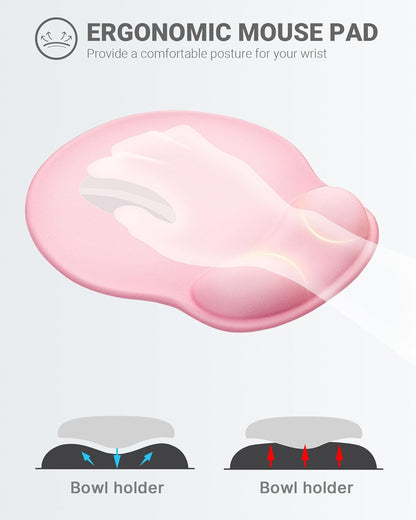 Ergonomic Mouse Pad with Wrist Rest, Large Mousepad(10.6'' x 9''), Office Wrist Support Mouse Mat with Non-Slip Base, Pain Relief for Laptop & Computer（Pink）