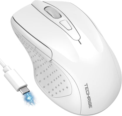 Bluetooth Mouse (BT5.0/3.0 & 2.4G) Rechargeable Wireless Mouse 2.4GHz with USB A Receiver, 4800 DPI Optical Tracking, 6 Adjustable DPI, Quiet Clicks, 6 Buttons, Wide Compatibility - White