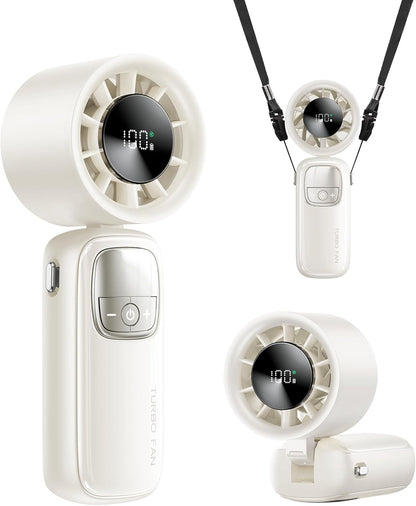 3-in-1 Portable Handheld Turbo Fan-100 Speeds, 15000 RPM, 10Hrs Cooling, LED Display, 90° Rotation, USB Rechargeable Battery Powered, Mini Foldable Hand Held Personal Fan for Women Men (white)