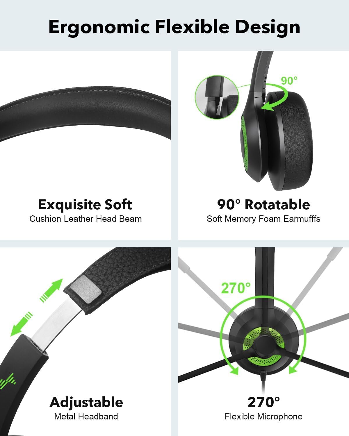 USB Headset with Mic for PC, On-Ear Computer Laptop Headphones with Noise Cancelling Microphone in-line Control for Home Office Online Class (USB+3.5mm, Green)