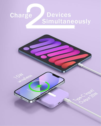 podoru for Magsafe Battery Pack, 5000mAh Magnetic Power Bank with Type-C Cable 20W PD Fast Charging Lighting Input Wireless Portable Charger for iPhone iPhone 16/15/14/13/12/ All Series-Purple