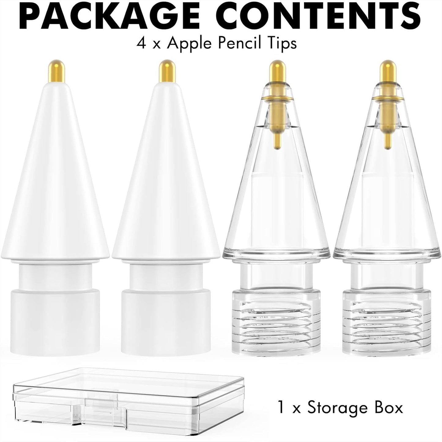 NIUTRENDZ 4 Pack Replacement Tips for Apple Pencil 2nd Generation and 1st Generation Fine Point Metal Tip, Wear-Resistant & Precise Control (1.95mm, White + Clear)