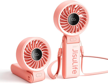 JISULIFE Handheld Fan Life7 – Ultimate Flexibility: High-Power Motor, LED Display, 13 Hrs Cooling, 3600mAh Rechargeable, 5-Speed, Foldable Design, 3-IN-1 Portable Fan for Travel Cruise Beach(Pink)