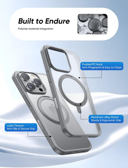 MAGIC JOHN 360° Rotatable Magnetic Invisible Stand for iPhone 16 Pro Case [Camera Control Button] [Compatible with MagSafe] 16FT Shockproof for iPhone 16 Pro Case with Kickstand, Gray