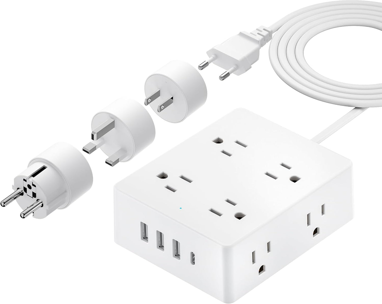 European Travel Plug Adapter, Olcorife Power Strip with EU UK US Plug Adapter, 8 Outlets 4 USB Ports with 5ft Extension Cord, International Power Adapter for US to Europe UK