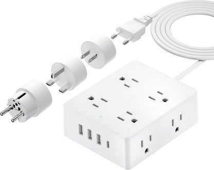 European Travel Plug Adapter, Olcorife Power Strip with EU UK US Plug Adapter, 8 Outlets 4 USB Ports with 5ft Extension Cord, International Power Adapter for US to Europe UK