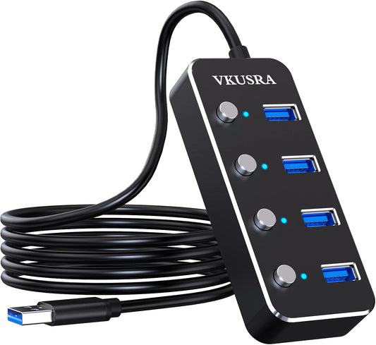 USB Hub,VKUSRA 4 Port USB 3.0 Hub Splitter with 4ft USB Long Cable and Individual LED On/Off Switch,USB Port Expander for Laptop PC