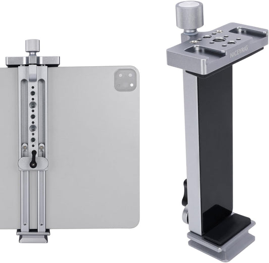 NICEYRIG Tablet Tripod Mount Aluminum Holder for iPad mini 8.3'' 7.9'', iPad Air, iPad Pro, 130mm - 223mm Adjustable Mounting Clamp with Double Locking Points, Quick Release Plate for Arca-style - 616