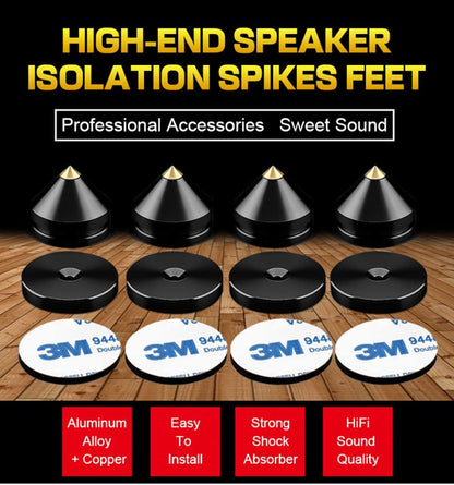 4Pcs Speaker Isolation Spikes Floor Protectors Shockproof Speaker Isolation Spikes with Base Pad for Speaker,Subwoofer,Amplifier,Turntable,Recorder CD DAC with 3m Adhesive (Black)