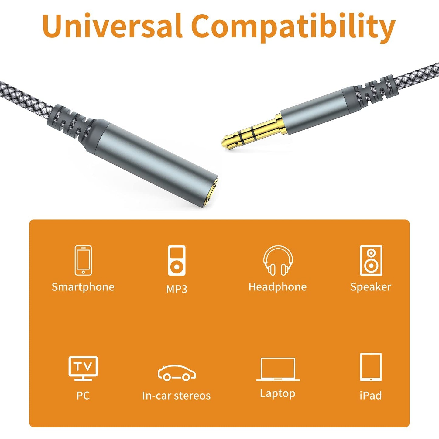 MCSPER Headphone Extension Cable, [2-Pack, 10ft Hi-Fi ] 3.5mm Extension AudioMale to Female Aux Adapter Hi-Fi Sound Stereo Extender Cord for Headset, iPhone, iPad, Smartphones, Tablets & More (Grey)