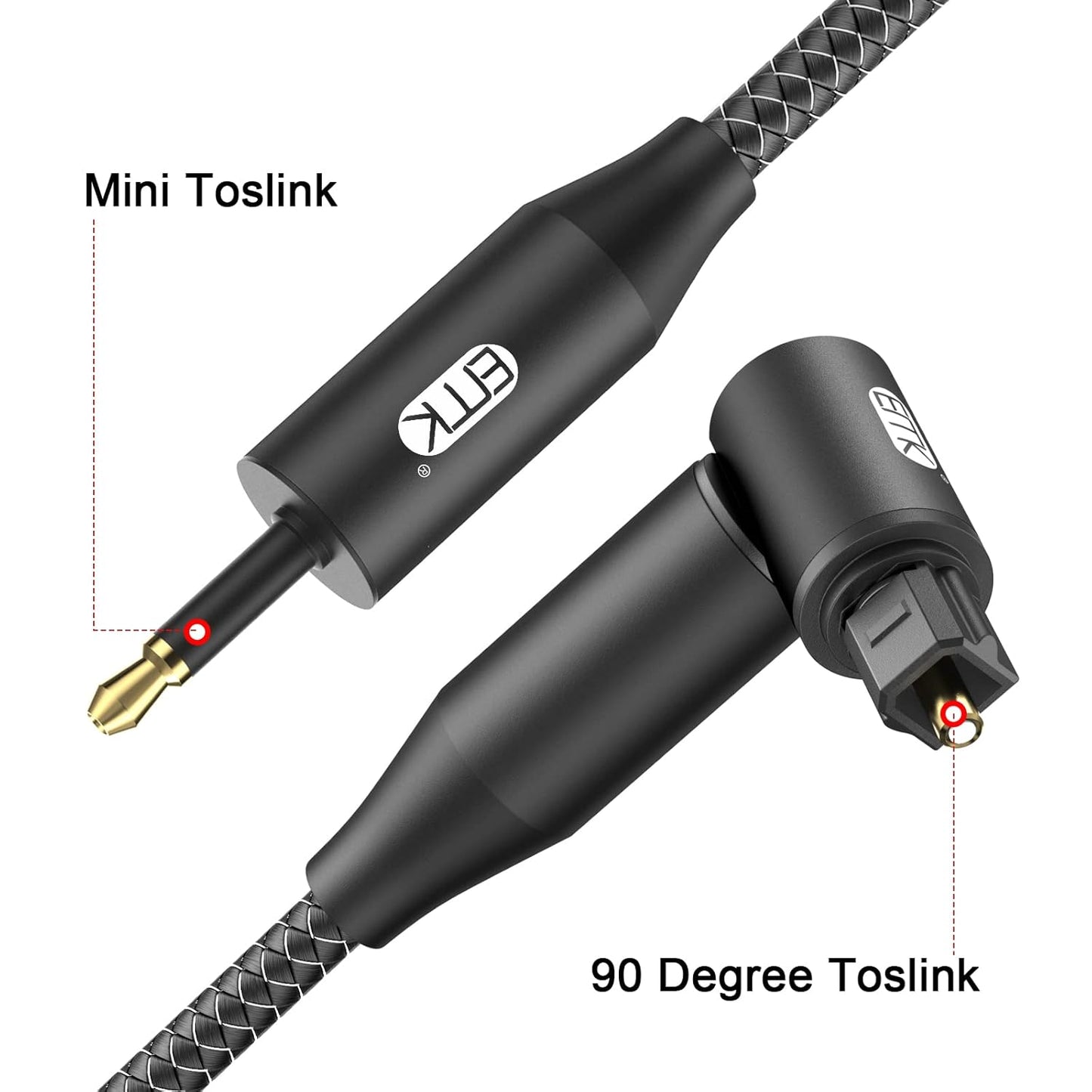 EMK Premium 90° Toslink to Mini Toslink Cable (3Ft/1M) - Right Angle Optical to 3.5mm Digital Optic Audio Cable for Soundbars, Home Theater - SPDIF Compatible, Black