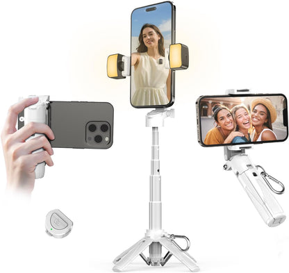 Mini Selfie Stick with 2 Fill Lights, Portable Phone Tripod with Remote and Cold Shoe Mount, Pocket Size Selfie Tripod for iPhone Android, Live Streaming, Video Recording(White)
