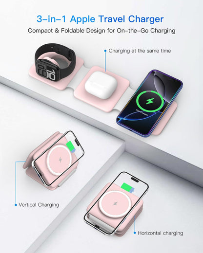 Charging Station for Apple Multiple Devices: 3 in 1 Foldable Magnetic Wireless Charger Stand - Travel Charging Dock Compatible with iPhone 16 15 14 13 12 Pro Max Plus Apple Watch AirPods