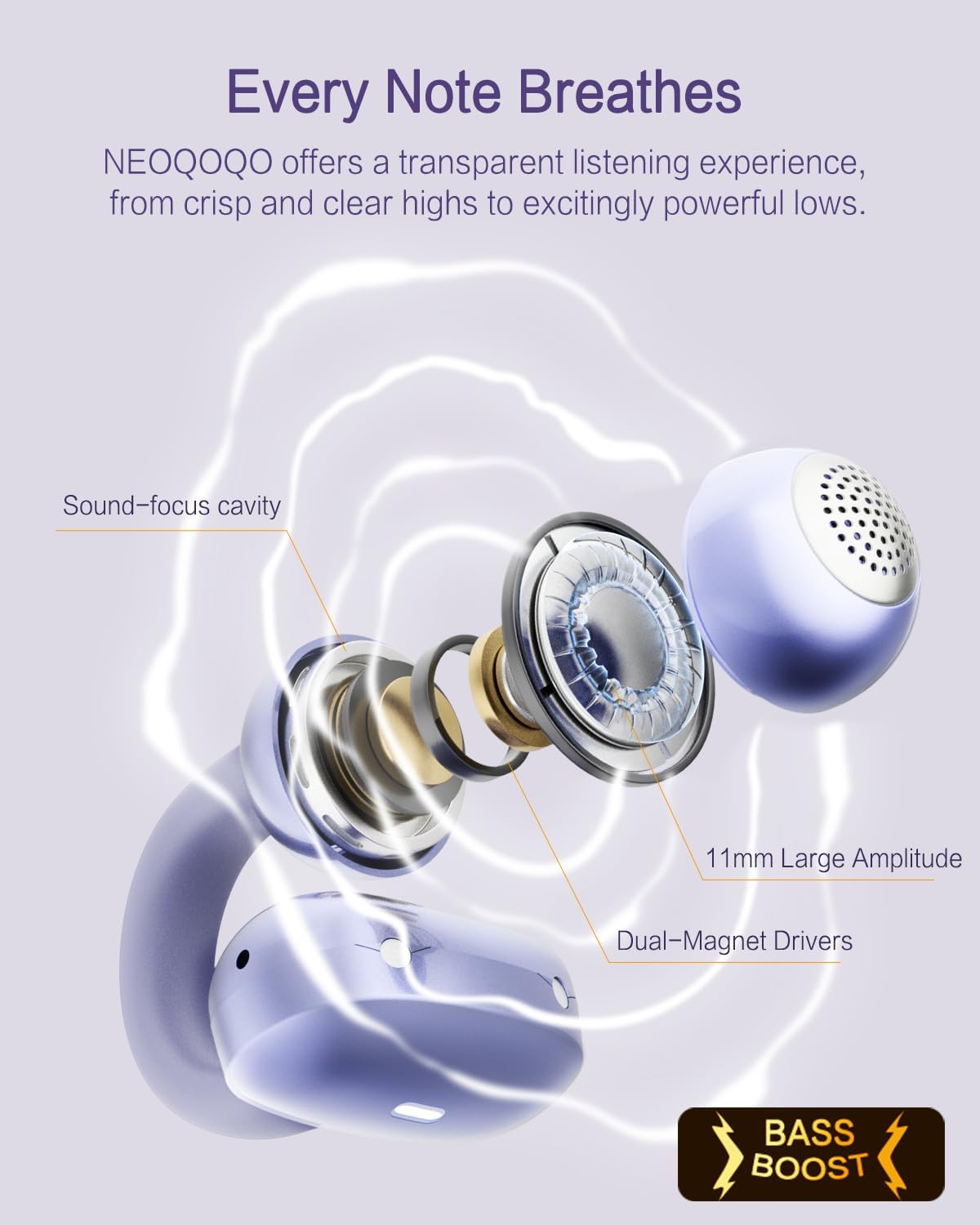 A50 Clip on Earbuds, Bluetooth 6.0 Wireless Open Ear Headphones w/5.3g Weightless Comfort,48H Playtime,3D Soundstage,Clear Call Mics,IPX5,Multipoint Connection,Fit for Workout Running Purple