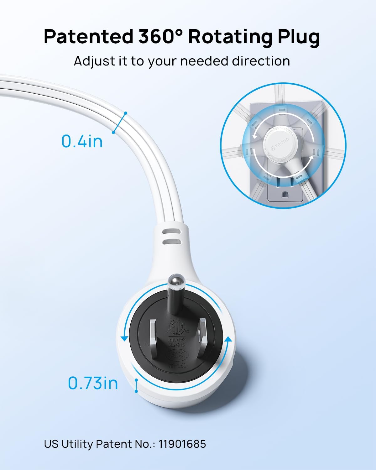 TROND Short Extension Cord 1.5ft with 360° Rotating Flat Plug, Low Profile Small Power Strip, Three Prong 3 Way Grounded Outlets, 13A, SPT 16/3 AWG Cable for Indoor Home Office Cruise Travel, White