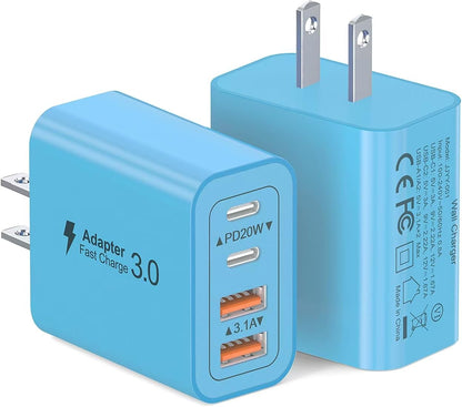 [40W/2Pack] Wall Charger, USB C Charger Block, Multi-Port PD + QC 3.0 Super Fast Charging Power Plug Adapter Brick for Watch Series 9 8 7, iPhone 16 15 14 13 Pro Max Airpod, Samsung Galaxy S24(Blue)