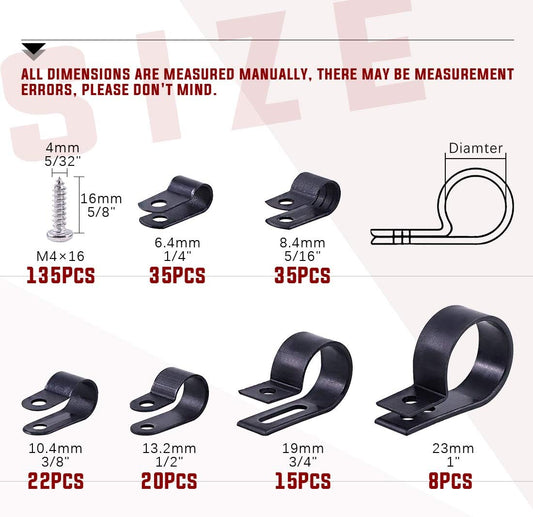 Hilitchi 135 Pcs 6 Sizes Black Plastic Cable Clamp R Type Screw Mounting Cord Fastener Cable Clips Assortment Kit with Screws for Wire Management Cable Conduit (Clips from 6mm to 23mm)