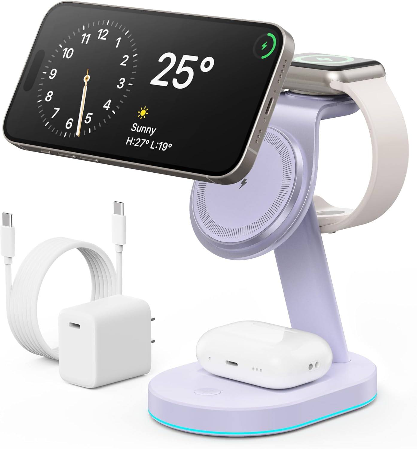 3 in 1 Wireless Charger Charging Station for iPhone,Qi2 Certified 15W Magnetic Charging Stand for Mag-Safe with 30W USB C Adapter&Friendly Night Light for iPhone 16/15/14/13/12,Apple Watch,AirPods