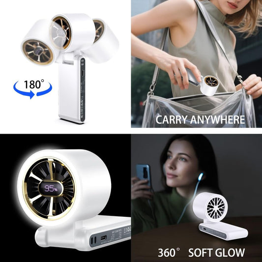 CAZOKASI Rechargeable Strong Wind Handheld Fan With Ambient Lighting 4 IN1 5000mAh Upto 22H For Desktop Waist Clip Neck (StrongWind/White)