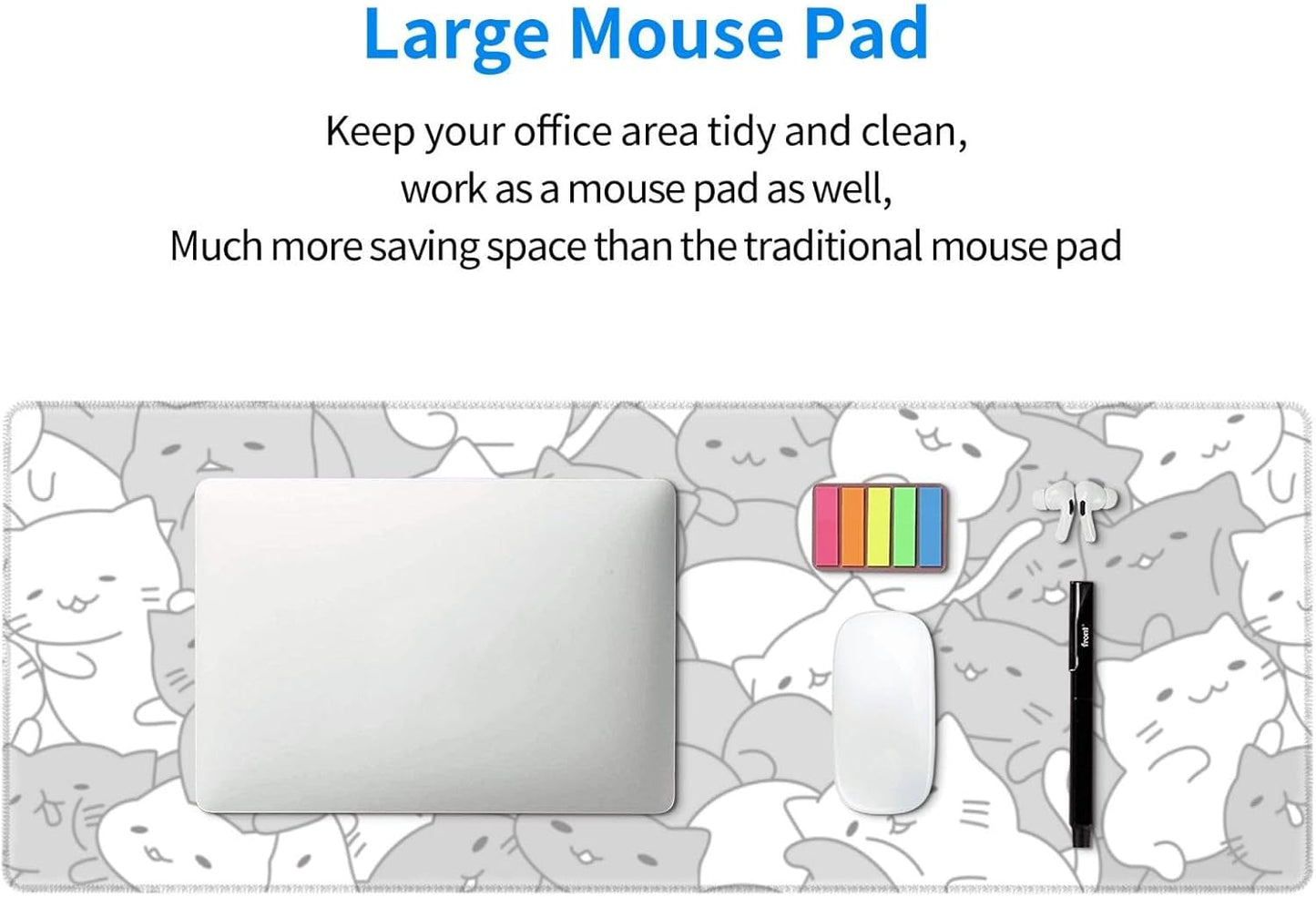 White Kawaii Cats E-Sport Mouse Pad Large Desk Mat Non-Slip Rubber Base Stitched Edge Keyboard Mouse Pad for Office Home E-Sport Computer Laptop, 31.5×11.8 Inches