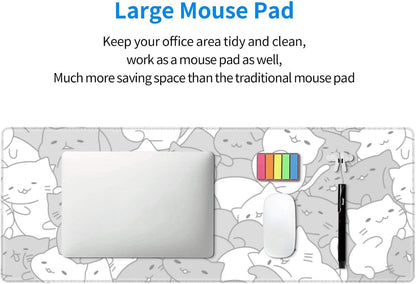 White Kawaii Cats E-Sport Mouse Pad Large Desk Mat Non-Slip Rubber Base Stitched Edge Keyboard Mouse Pad for Office Home E-Sport Computer Laptop, 31.5×11.8 Inches