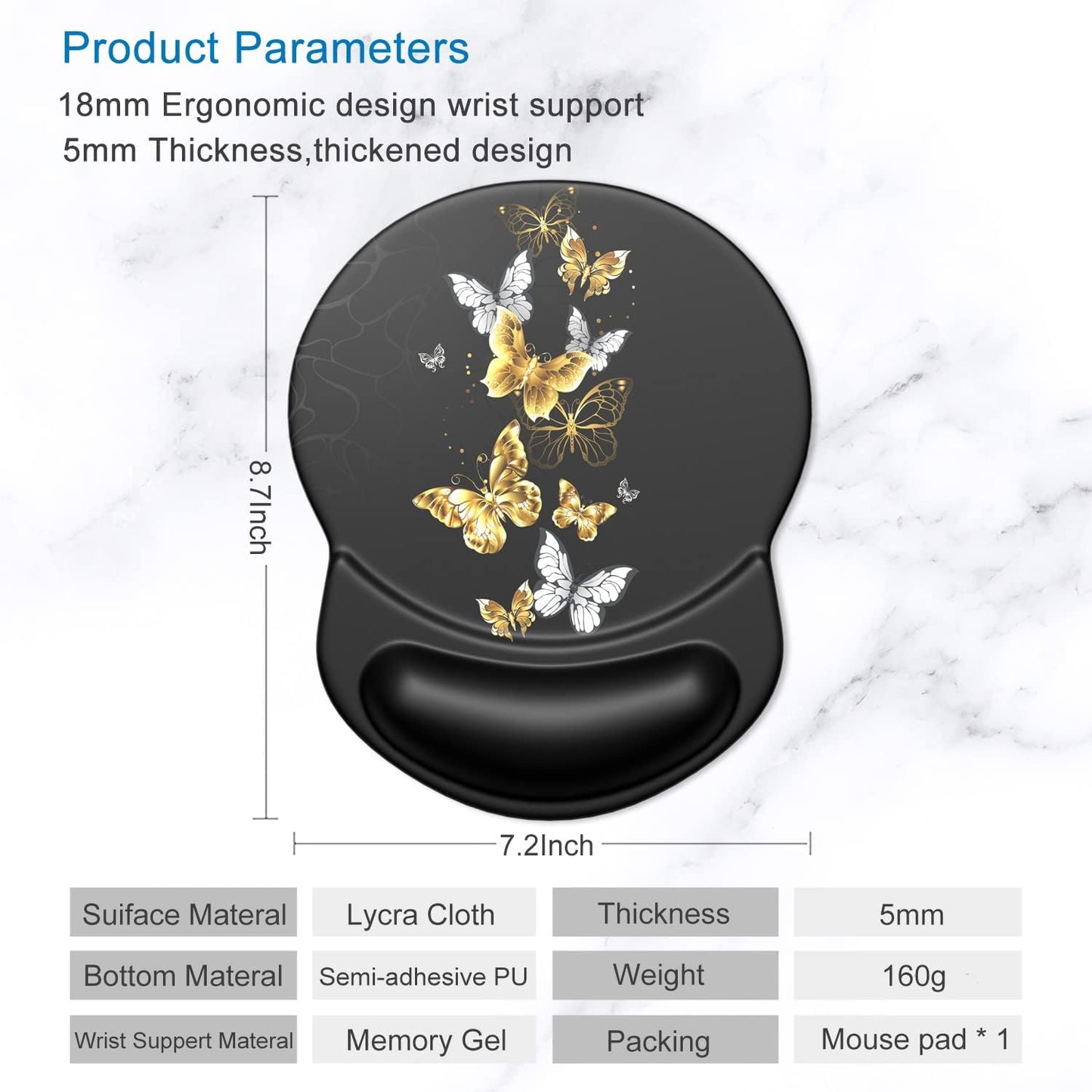 ITNRSIIET Ergonomic Mouse Pad with Gel Wrist Support Small Wrist Rest Smooth Surface Non-Slip PU Base Comfortable Office Supplies Pain Relief, 8.7 x 7.2 inches, Golden Butterfly