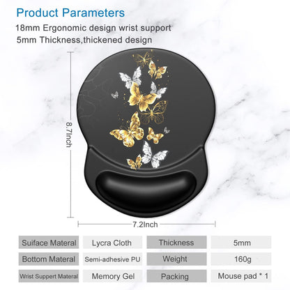 ITNRSIIET Ergonomic Mouse Pad with Gel Wrist Support Small Wrist Rest Smooth Surface Non-Slip PU Base Comfortable Office Supplies Pain Relief, 8.7 x 7.2 inches, Golden Butterfly