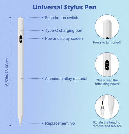 MoKo Stylus Pens for Touch Screens, Fast Charge Stylus Pen for Apple iPad/iPhone/Samsung/Lenovo/iOS/Android Tablets&Smart Phone Universal Stylus Capacitive Screen Pencil with Power Display, White