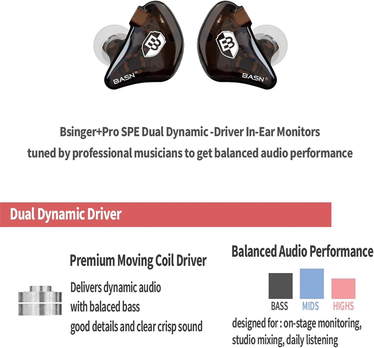 BASN Bsinger in Ear Monitor Headphones for Musician, Dual Dynamic Drivers Noise Isolating Earbuds with MMCX Inline Remote Mic Cable and Silver Plated Audio Cable (SPM-Brown)
