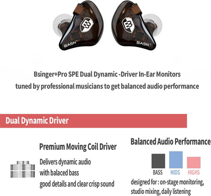 BASN Bsinger in Ear Monitor Headphones for Musician, Dual Dynamic Drivers Noise Isolating Earbuds with MMCX Inline Remote Mic Cable and Silver Plated Audio Cable (SPM-Brown)