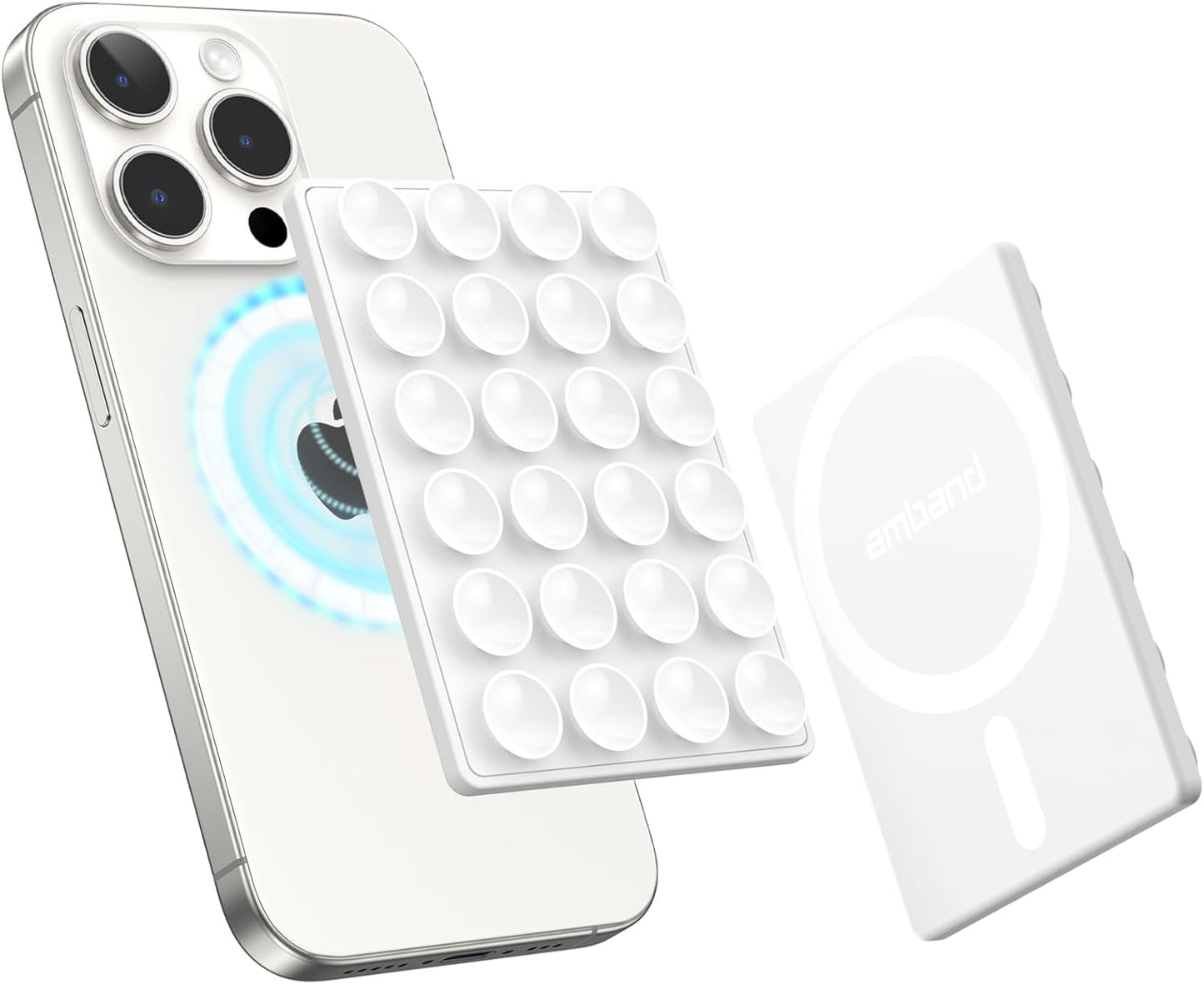 amBand Magnetic Suction Mirror Window Phone Holder, Sticky Grip Double Sided Mount for iPhone, Gym Bathroom Kitchen, Hands-Free for Makeup FaceTime Shower Viewing with MagSafe Accessories, Frost White