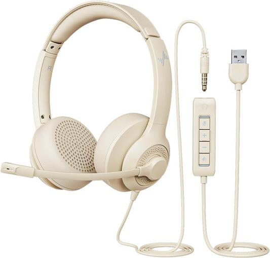 USB Headset with Microphone for PC, On-Ear Computer Laptop Headphones with Noise Cancelling Mic in-line Control for Home Office Online Class Zoom (USB+3.5mm, Apricot)