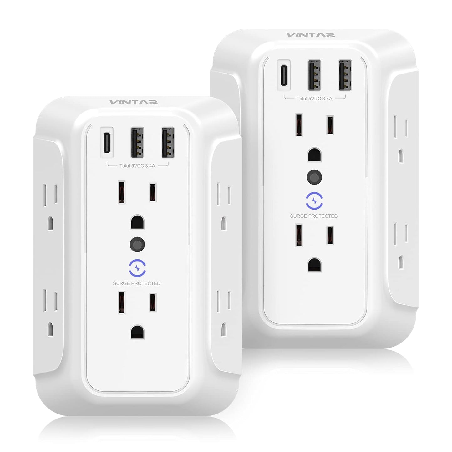 [2-Pack] USB Wall Charger,Surge Protector,6 Outlet Extender with 3 USB Charging Ports(1 USB C Outlet,3.4A) 900J Power Strip Multi Plug Outlets,Wall Mount Power Strip for Home Travel Office ETL Listed